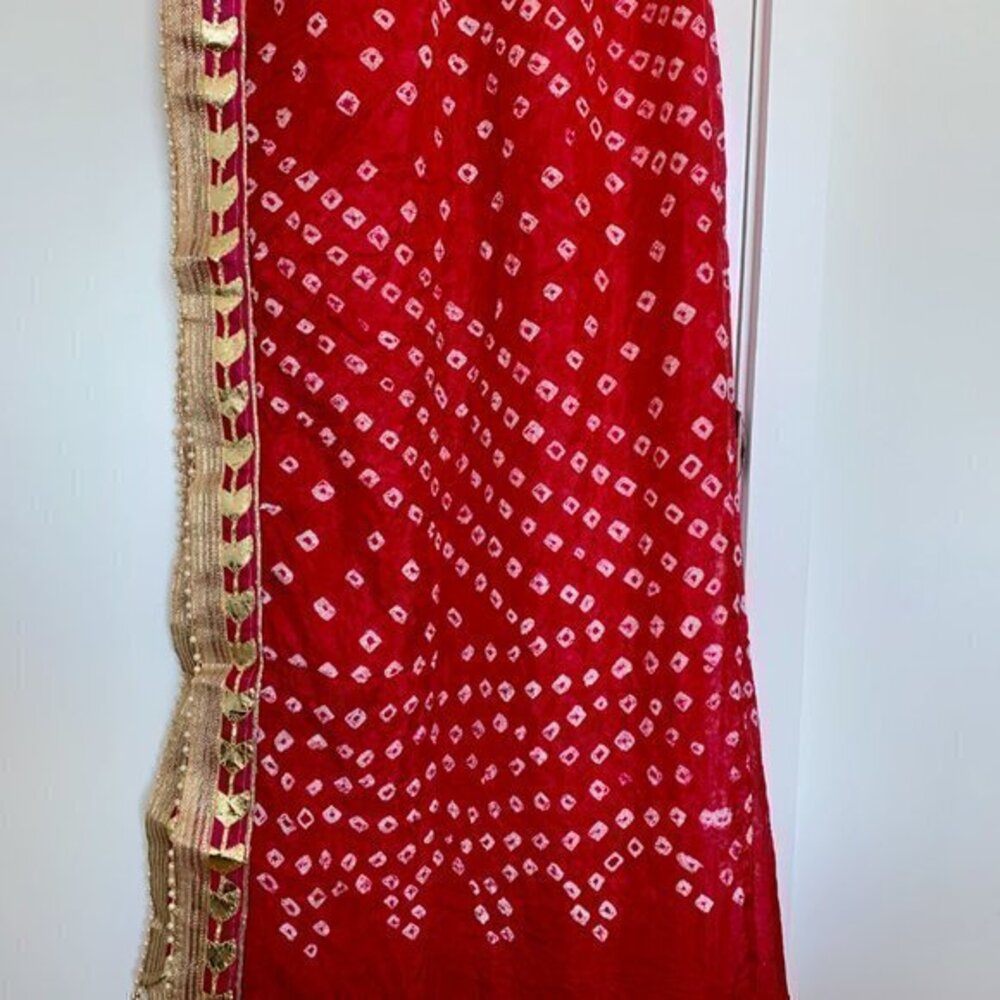 Red bandhani art silk long scarf/dupatta